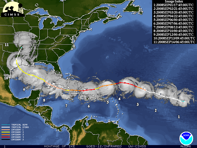 Montage of Hurricane Ike with track (courtesy of CIMSS Tropical Cyclones)